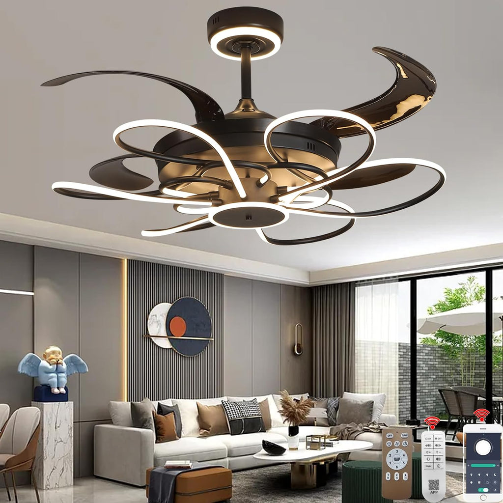 48 Inch Retractable Fandelier Ceiling Fan Chandelier with Lights and Remote for Bedroom Indoor Decoration, 3 Color Changeable, Dimmable with App, Timer Setting, Black