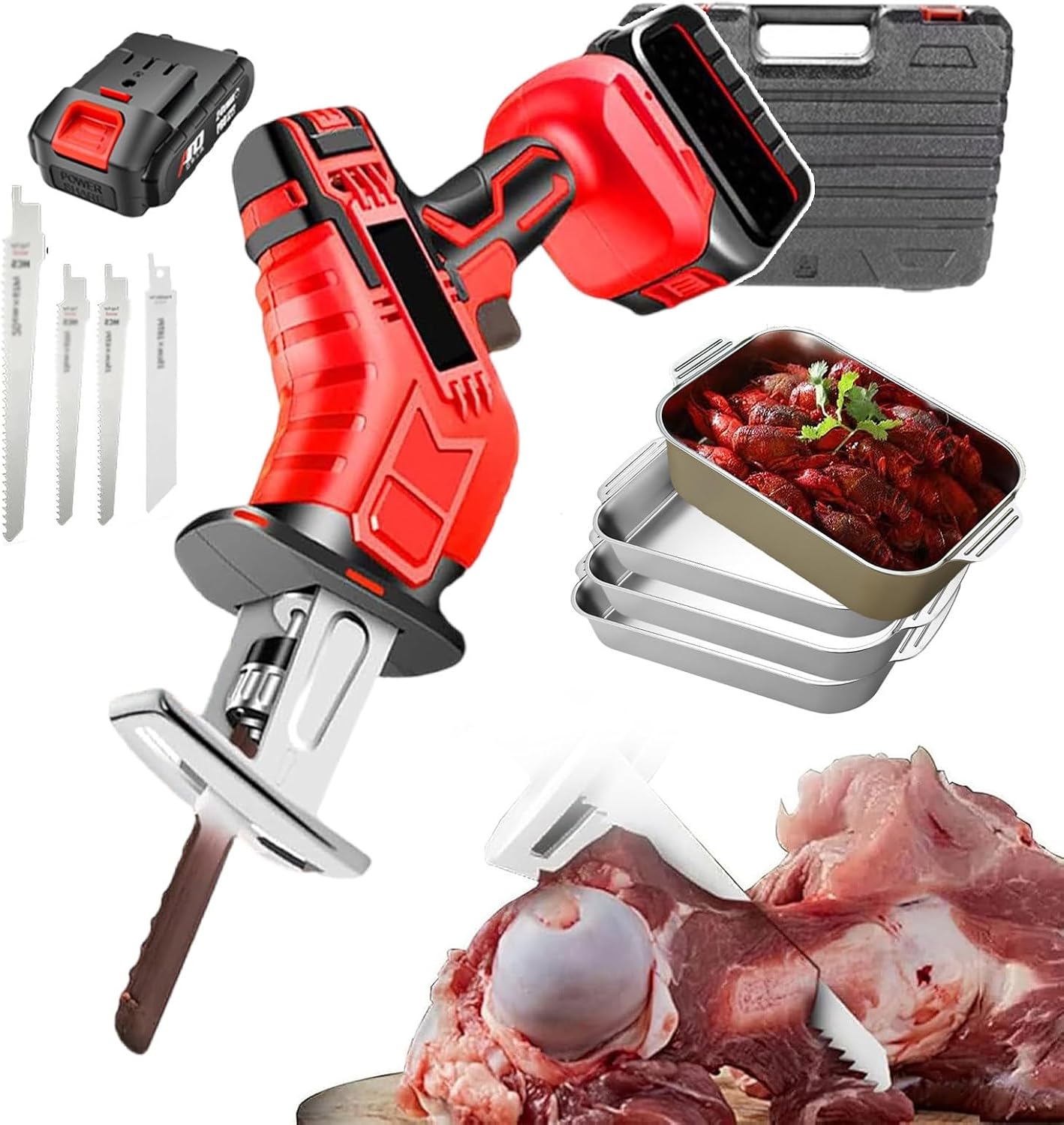 Portable Reciprocating Saws, Electric Cordless Chainsaw 21v Power Saws, Battery Powered Electric Bone Saw, 4 Meat Plates Included (With Battery And Tool Box),6AH
