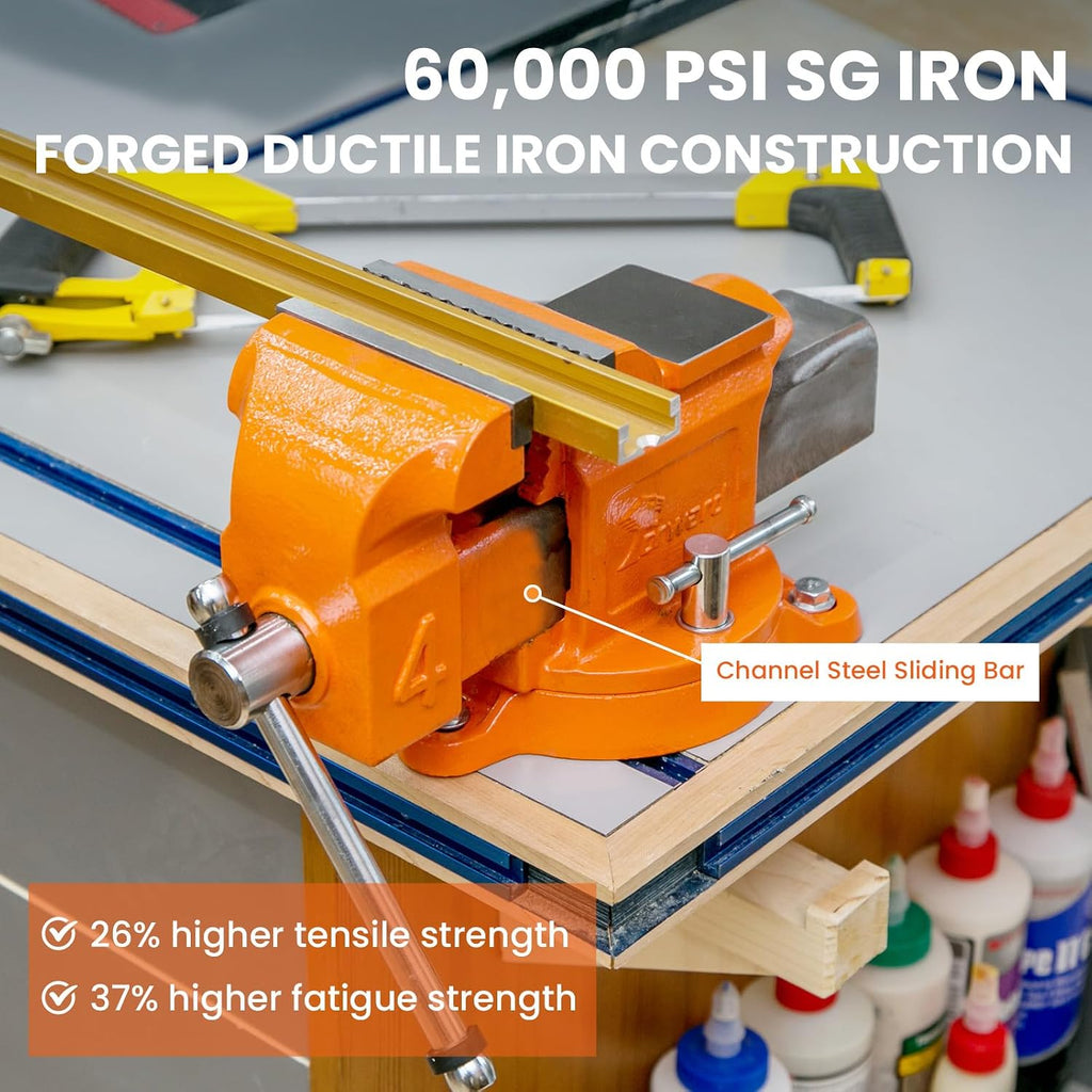 Forward Bench Vise 5 Inch Ductile Iron Bench Vice with 360 Degree Swivel Base and Channel Steel Guide Bar 30505 (5')
