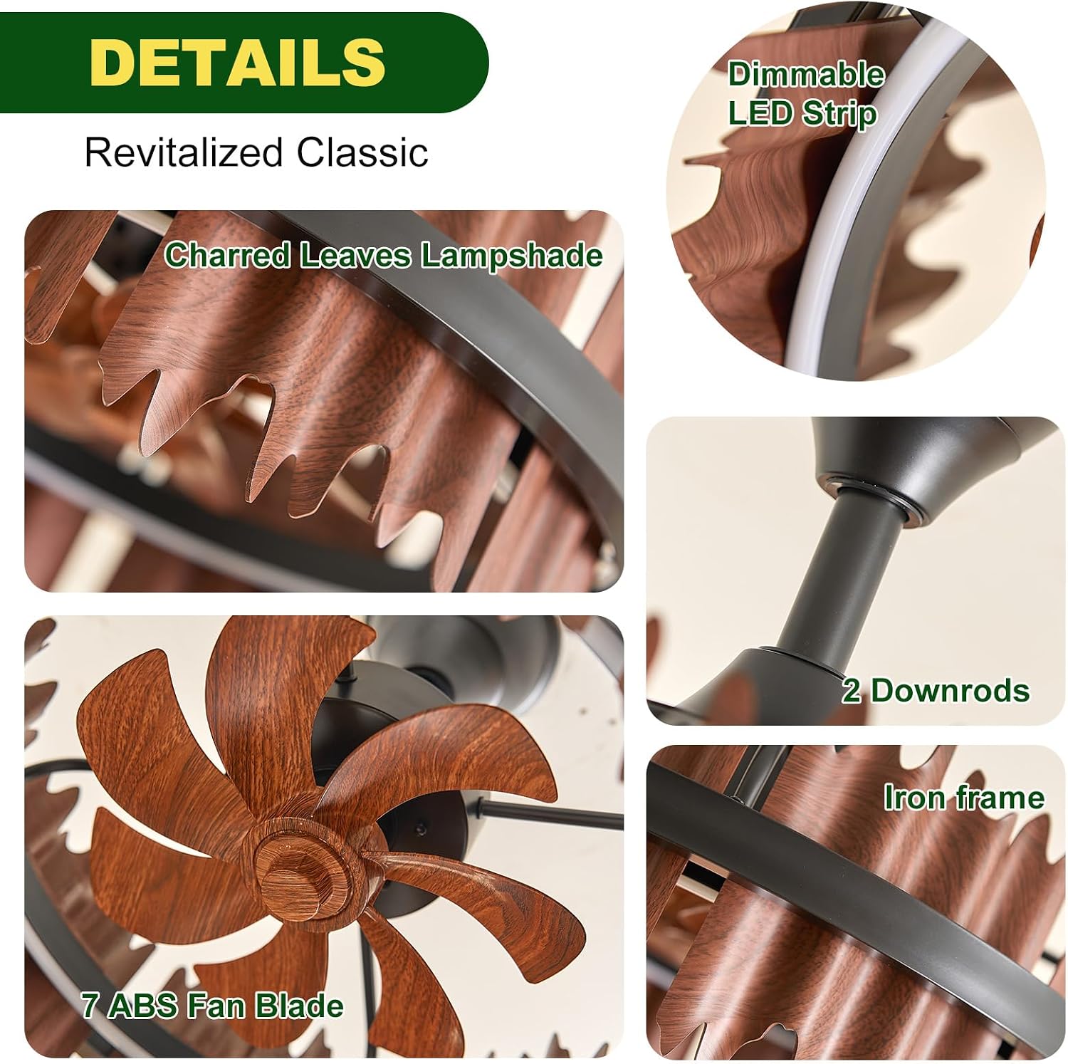 19.7' Rustic Caged Ceiling Fan with Light, Farmhouse Wood Fandelier Ceiling Fan, 6 Speed and Reversible, Dimmable LED Chandelier Fan with Charred Leaves for Bedroom, Kitchen, Living Room