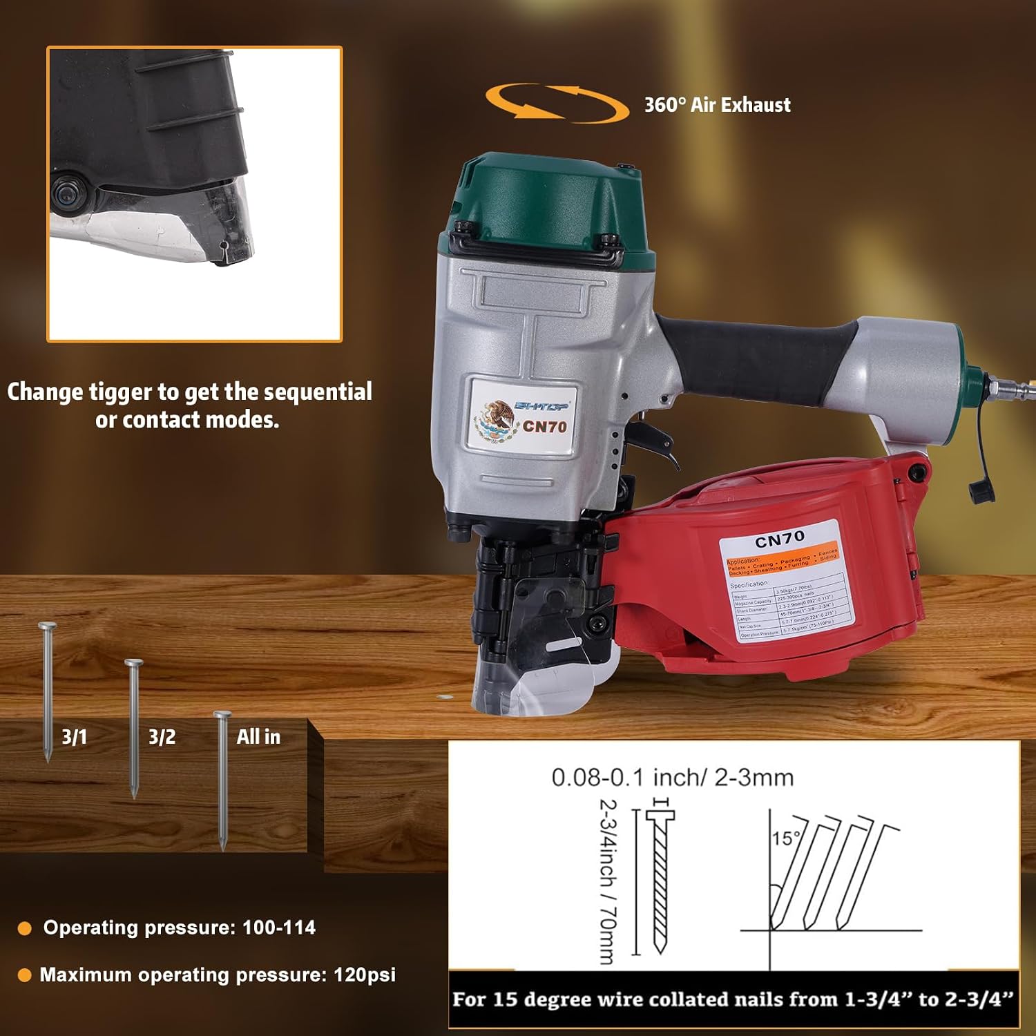Mexican Style CN70 Coil Siding Nail Gun, 15 Degree Pneumatic Siding Nailer, 1-3/4' to 2-3/4' Coil Siding Nailer for Siding Sheathing Wooding Fencing Decking