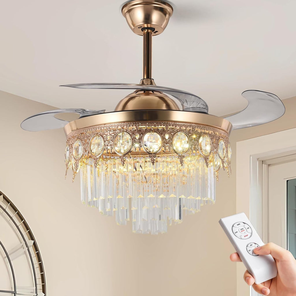 42' Gold Retractable Ceiling Fan with Lights, Luxury Gold Crystal Chandelier Fan 6 Speeds 3 Colors Modern Ceiling Fan for Living Room
