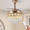 42' Gold Retractable Ceiling Fan with Lights, Luxury Gold Crystal Chandelier Fan 6 Speeds 3 Colors Modern Ceiling Fan for Living Room