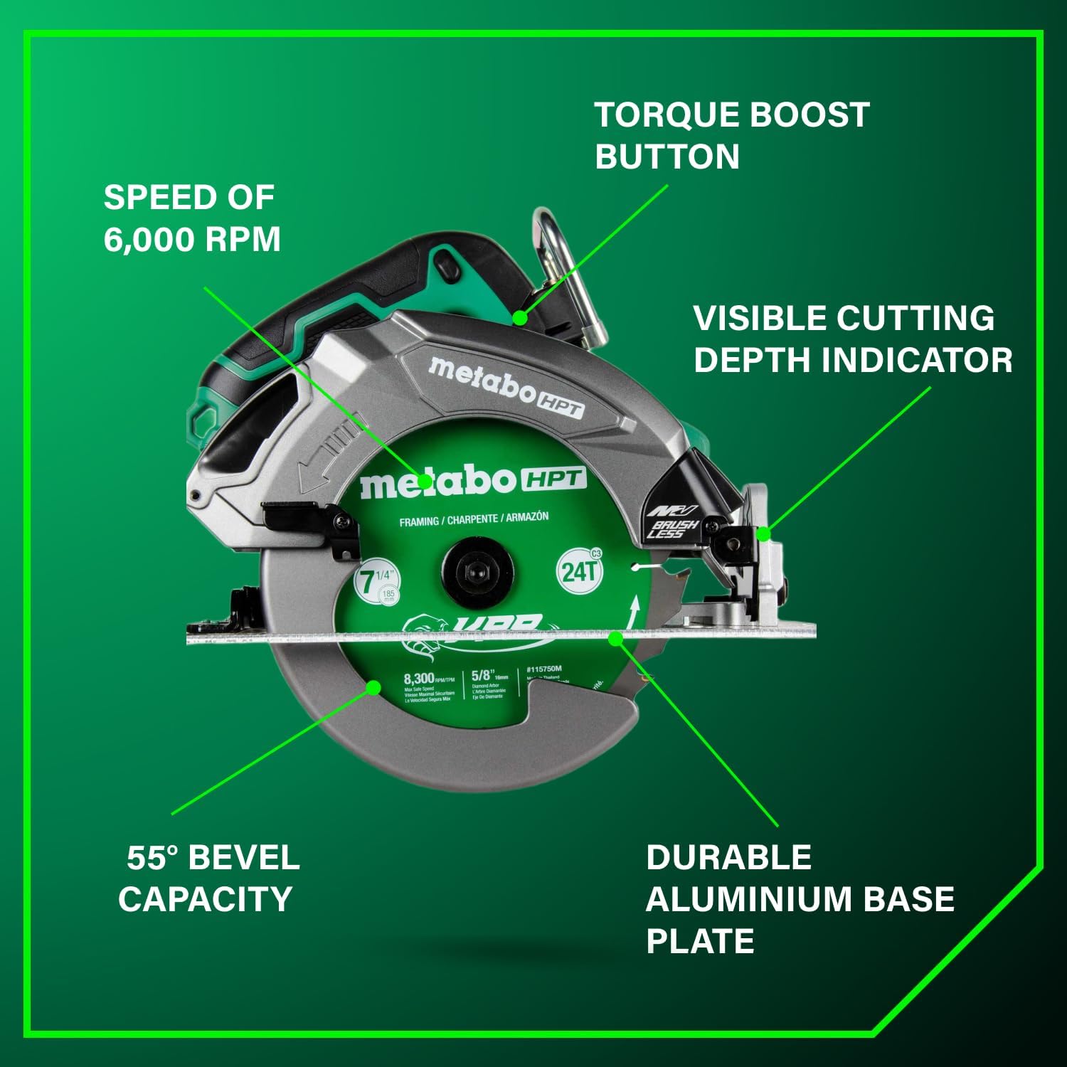 Metabo HPT 36V MultiVolt 7-1/4' Circular Saw, Torque Boost Technology, High Power and Torque, Visible Cutting Depth Indicator, Lightweight Aluminum Base Plate, Tool Body Only, C3607DBQ4