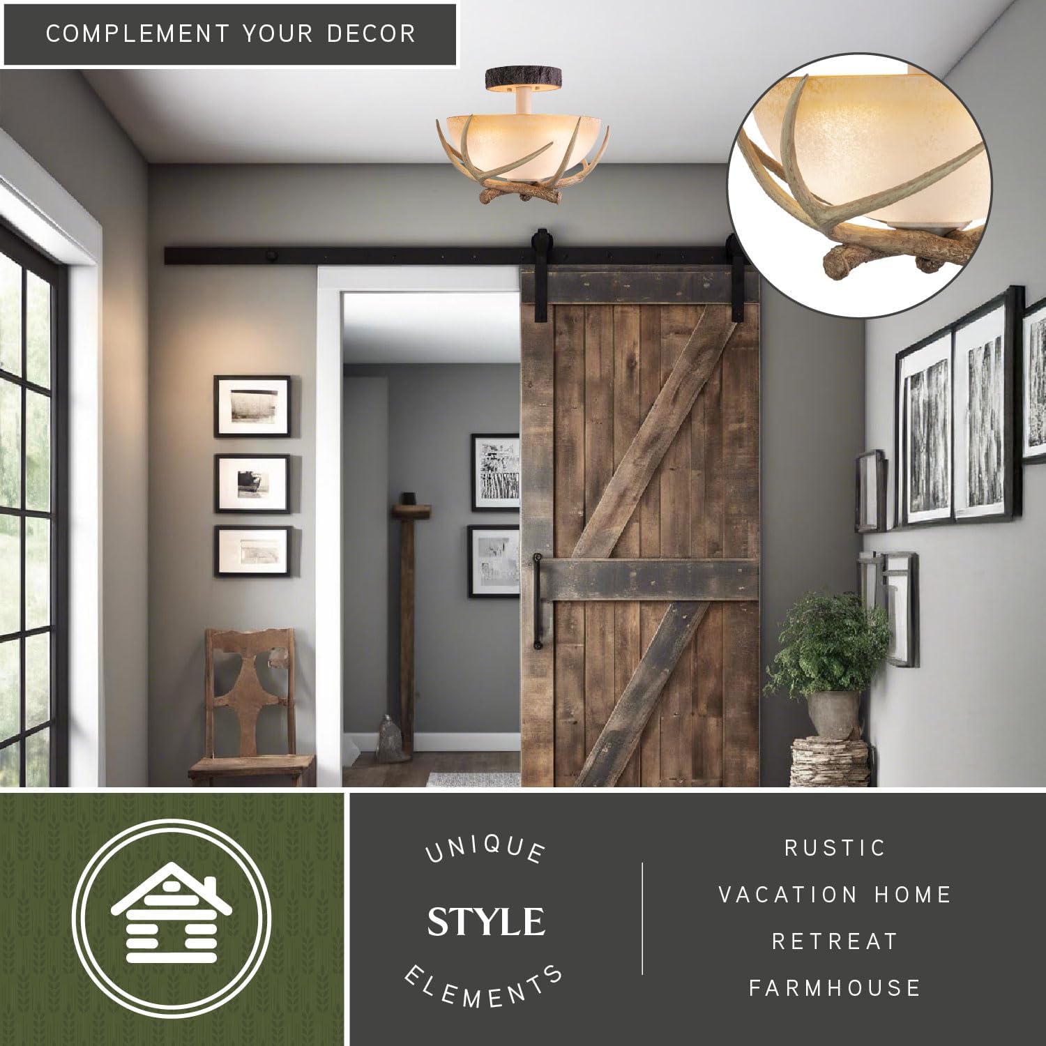 VAXCEL Lodge 16-in W Cream Rustic Antler Bowl Semi Flush Mount Ceiling Light Cream Glass