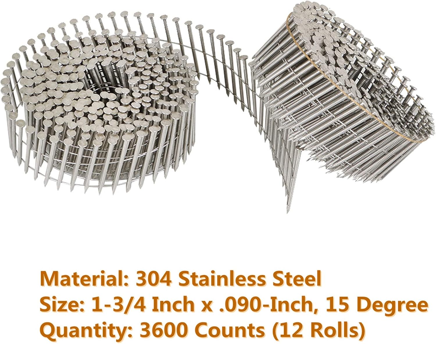 kimllier 3600 Count Coil Siding Nail Full Round Head Wire Collated Coil 15-Degree 1-3/4-Inch x .090-Inch Ring Shank 304 Stainless Steel