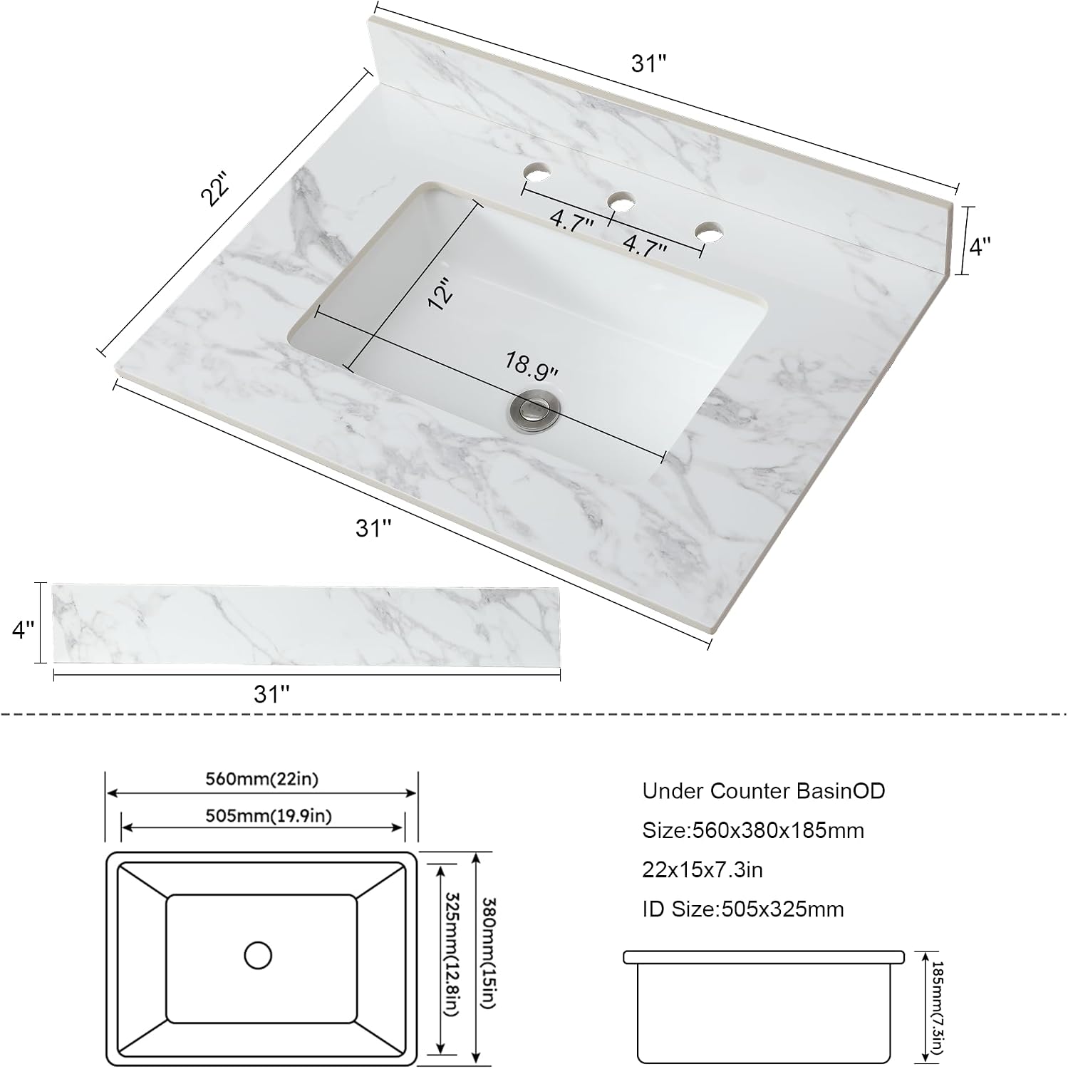 Montary 31'x 22' Bathroom Vanity Top with Undermounted Large Ceramic Sink & Backsplash, Sintered Stone Artificial Marble Vanity Sink Tops with 3 Pre-Drilled Hole, Carrara White