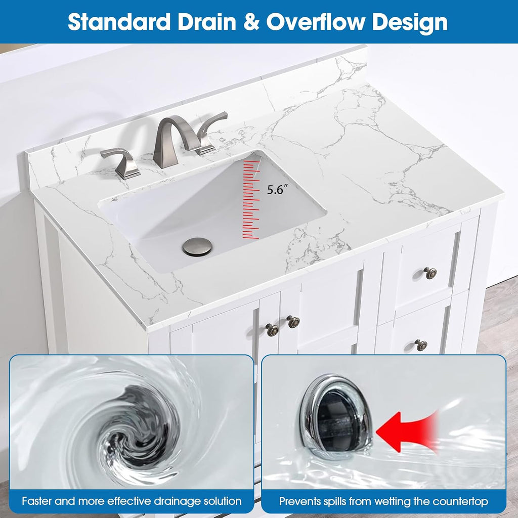 36 Inch Engineered Stone Bathroom Vanity Sink Top, with Undermount Rectangular Left Side Sink, Vanity Countertop with 8 inch Faucet Hole Spacing and Backsplash in Lightning White