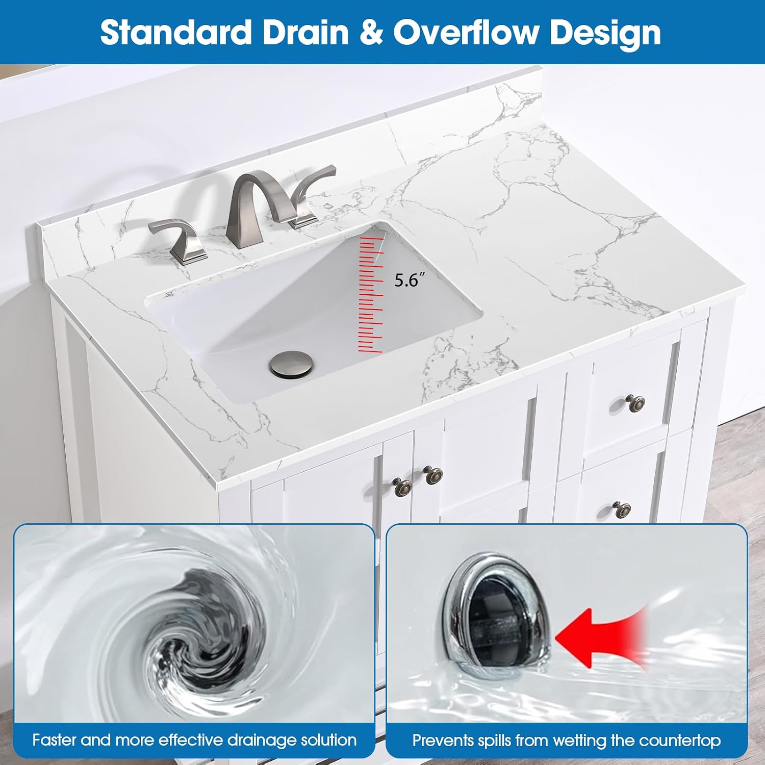 36 Inch Engineered Stone Bathroom Vanity Sink Top, with Undermount Rectangular Left Side Sink, Vanity Countertop with 8 inch Faucet Hole Spacing and Backsplash in Lightning White
