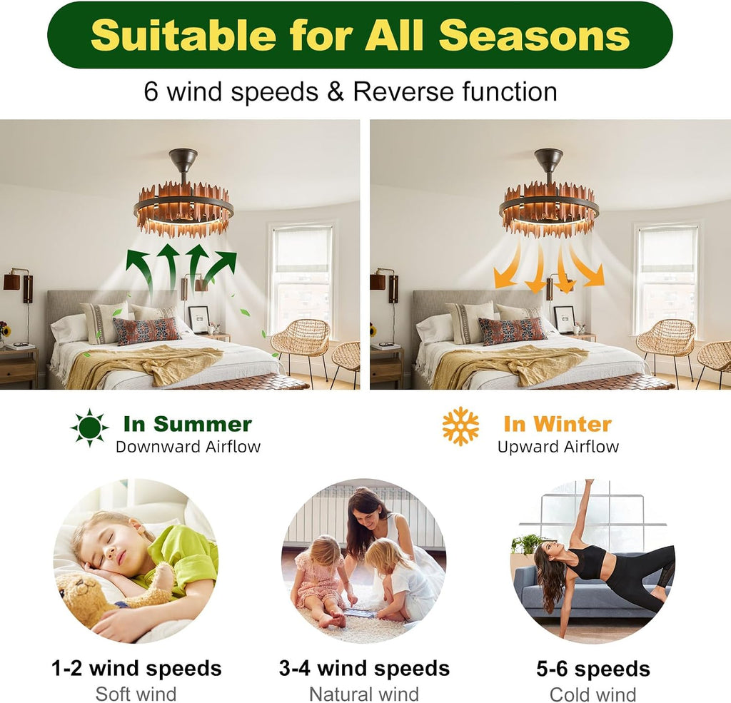 19.7' Rustic Caged Ceiling Fan with Light, Farmhouse Wood Fandelier Ceiling Fan, 6 Speed and Reversible, Dimmable LED Chandelier Fan with Charred Leaves for Bedroom, Kitchen, Living Room