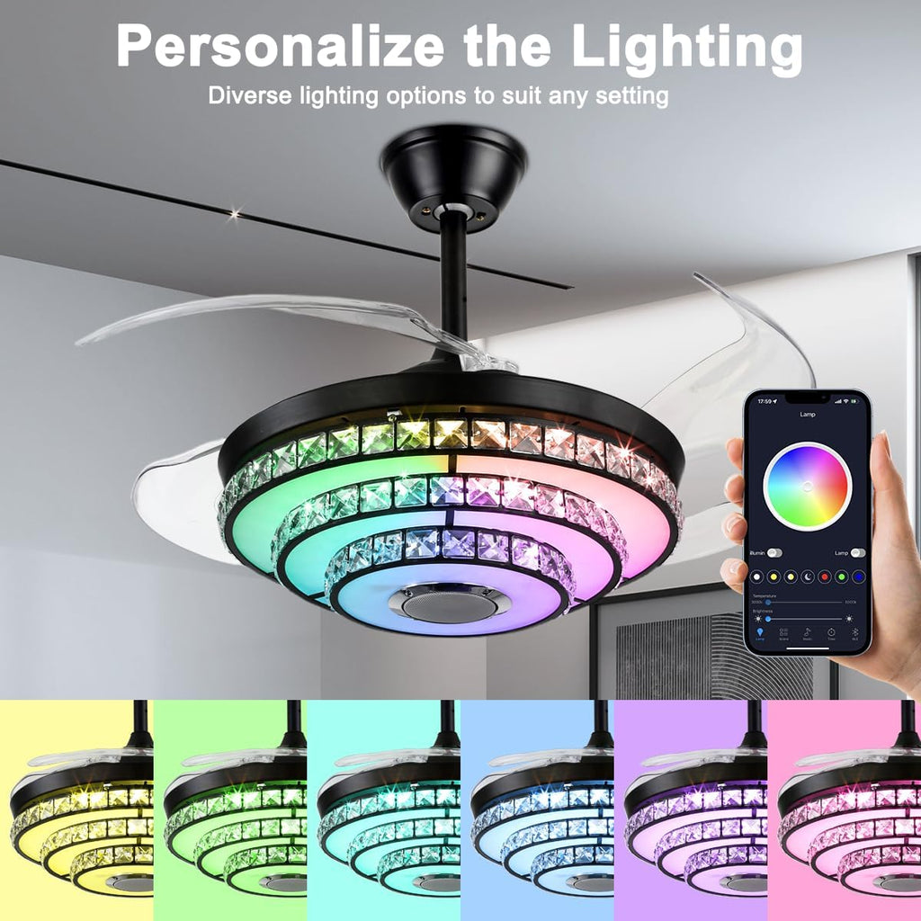 42' Fandelier Ceiling Fan with Light Bluetooth Speaker, Modern Retractable Reversible Chandelier Fan Black Crystal Ceiling Fan Light with Remote 6 Speeds 7 Color Change for Bedroom