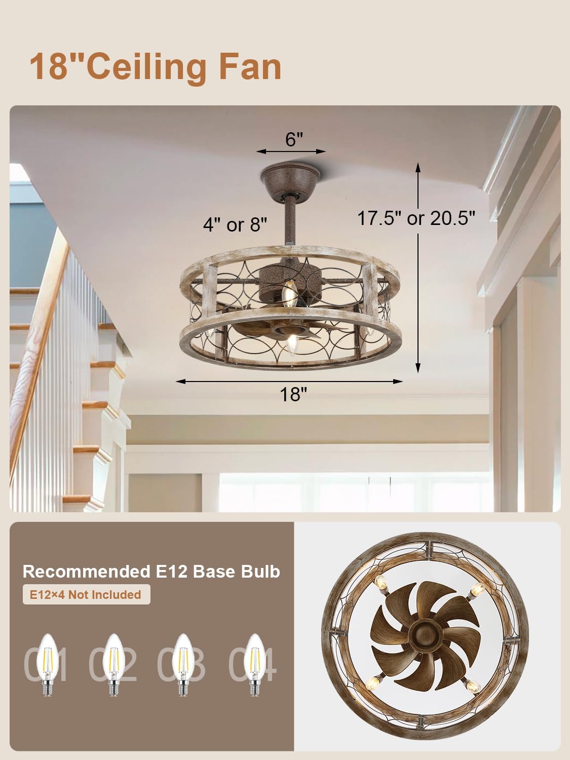 Caged Ceiling Fans with Lights, 18 Inch Farmhouse Ceiling Fans with Lights and Remote, Rustic Industrial Fandelier Ceiling Fan Enclosed for Bedroom