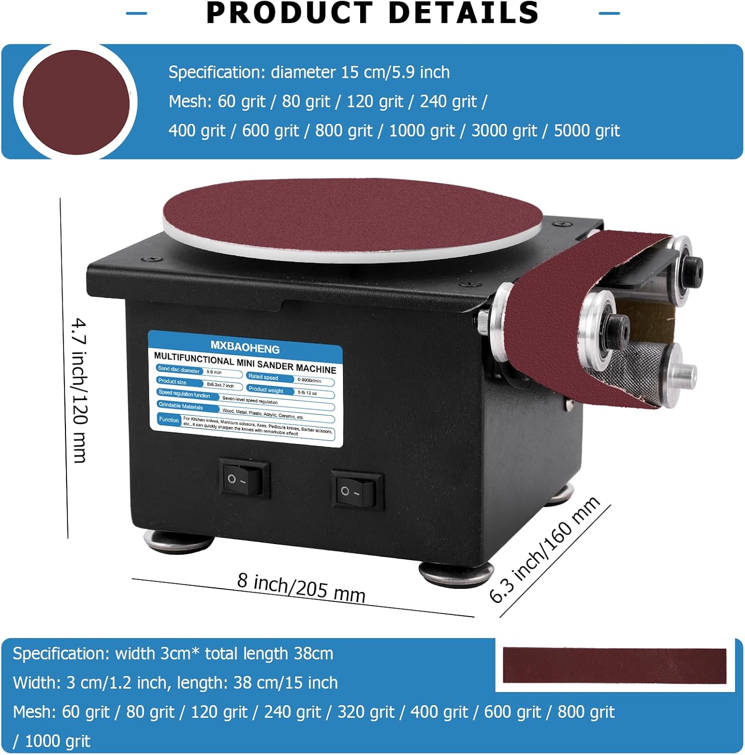 MXBAOHENG Mini Disc Sander 6-Inch Electric Mini Belt Sander 1.2-Inch by 15-Inch, Small Sanding Belt Machine for Wood Crafts Metal Stone Grinding 100W 8000RPM (Model A)