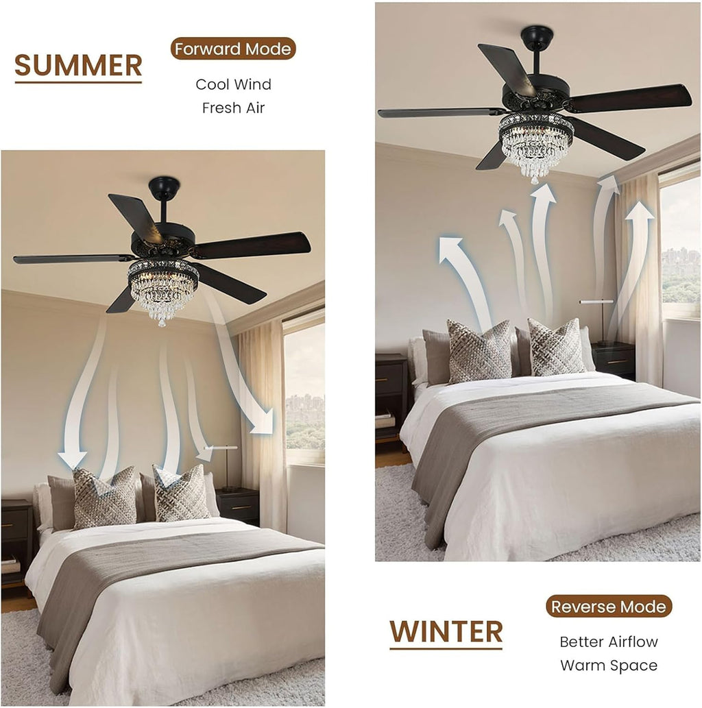 Crystal Ceiling Fan, Antique Ceiling Fan Crystals 52 Inch Vintage Ceiling Fan With Light and Remote, K9 Crystal Fandelier Ceiling Fan With Lights,52' Reversible Ceiling Fan 6-Speed 1/2/4 H Timer