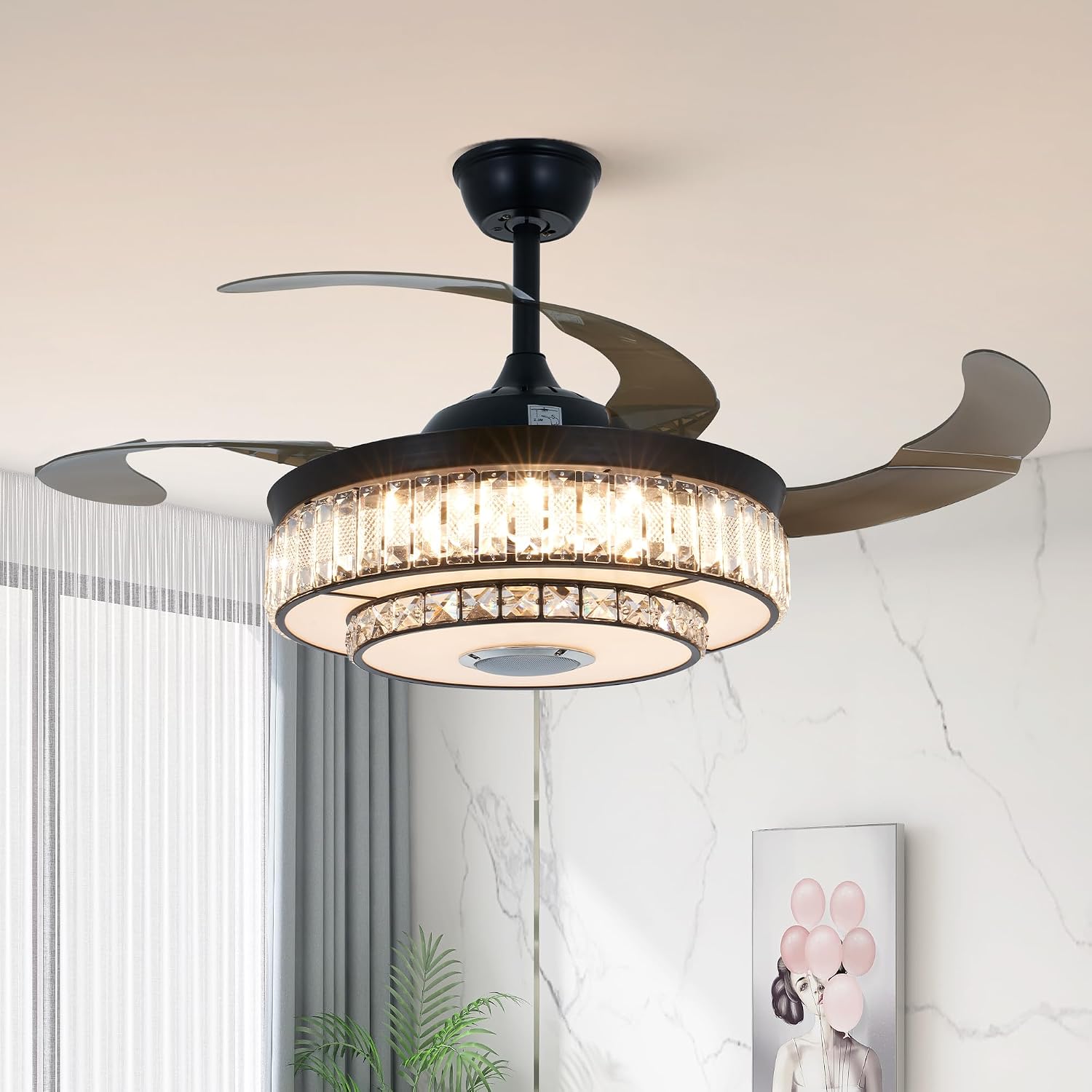 42' Bluetooth Chandelier Ceiling Fan with Light, Fandelier with Reversible Motor, Modern Retractable Ceiling Fan Light and Music Speaker RGB Color Change with Remote Control for Living Room/Bedroom