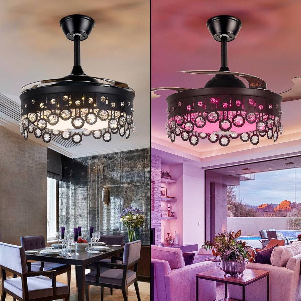 A Million Crystal Ceiling Fan with Lights Smart Bluetooth Music Player, 42 Inch LED Dimmable Remote Control Retractable Invisible Blades Indoor Ceiling Fan for Living Room Black