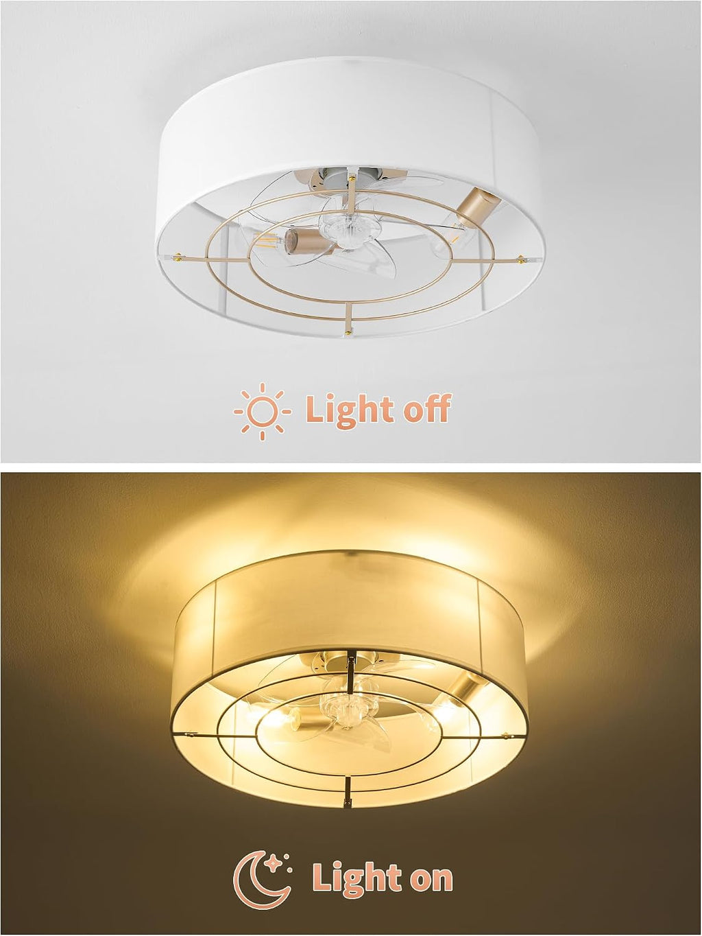 Low Profile Ceiling Fans with Lights, 20' Flush Mount Ceiling Fan with Light, Boho Bladeless with 6 Speeds, Rattan Remote Control for Bedroom, Nursery, Living Room