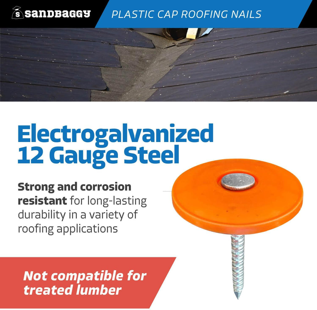Sandbaggy 1' Plastic Cap Roofing Nails - Ring Shank, Electro Galvanized - Roof Underlayment, Felt Paper, House Wrap, Tar Paper (10000)