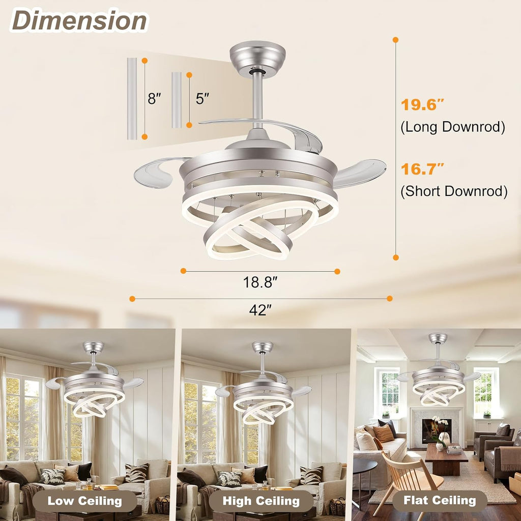 42' Modern Retractable Ceiling Fan with Lights, Fandelier Ceiling Fan with LED Light and Remote&App Control, 6 Speed Reversible 3CCT Chandelier Fan for Bedroom Living Room Dining Room Silver