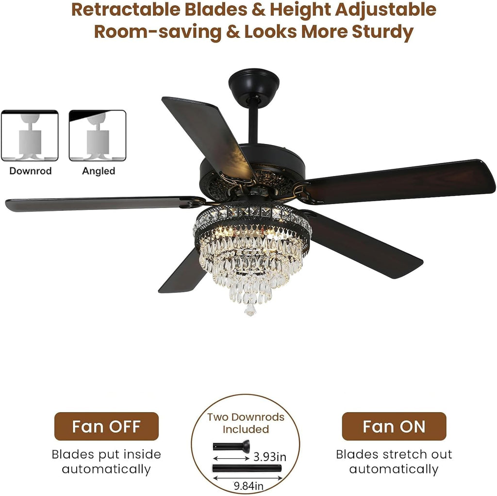 Crystal Ceiling Fan, Antique Ceiling Fan Crystals 52 Inch Vintage Ceiling Fan With Light and Remote, K9 Crystal Fandelier Ceiling Fan With Lights,52' Reversible Ceiling Fan 6-Speed 1/2/4 H Timer