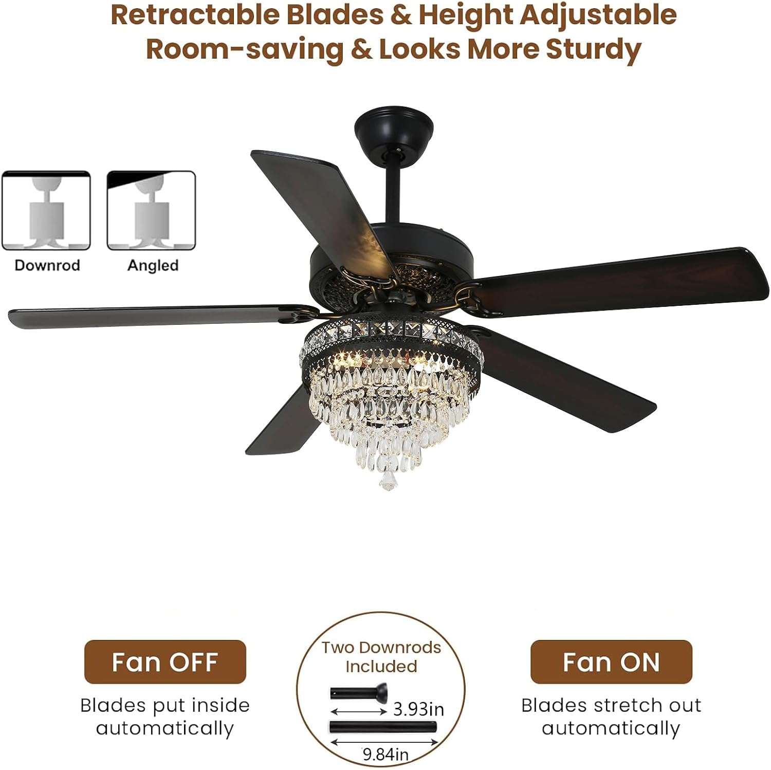 Crystal Ceiling Fan, Antique Ceiling Fan Crystals 52 Inch Vintage Ceiling Fan With Light and Remote, K9 Crystal Fandelier Ceiling Fan With Lights,52' Reversible Ceiling Fan 6-Speed 1/2/4 H Timer