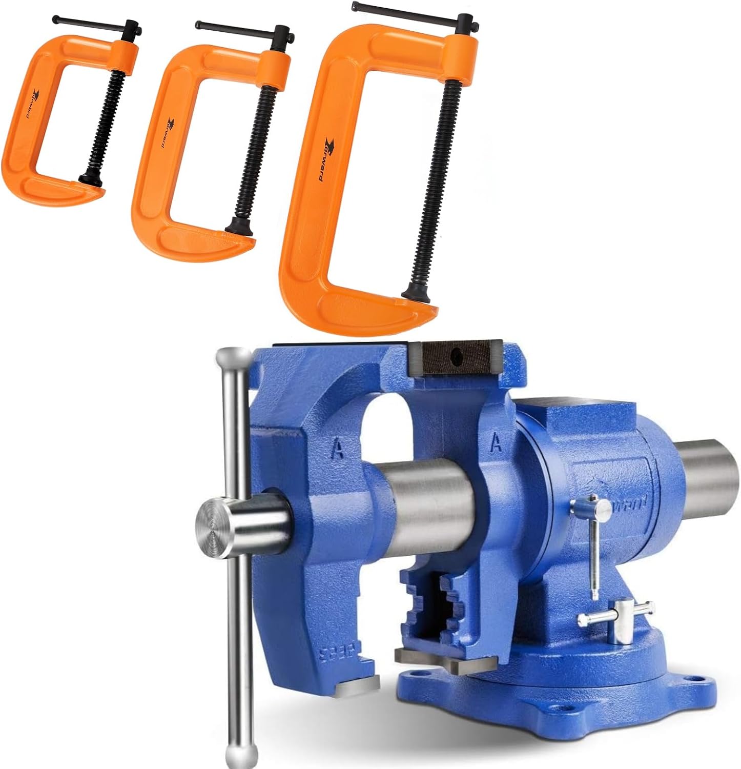Forward DT08125A 5-Inch Heavy Duty Bench Vise and Heavy Duty Ductile Iron C-Clamp - 3 Piece C Clamp Set 3in, 4in, 6in KIT