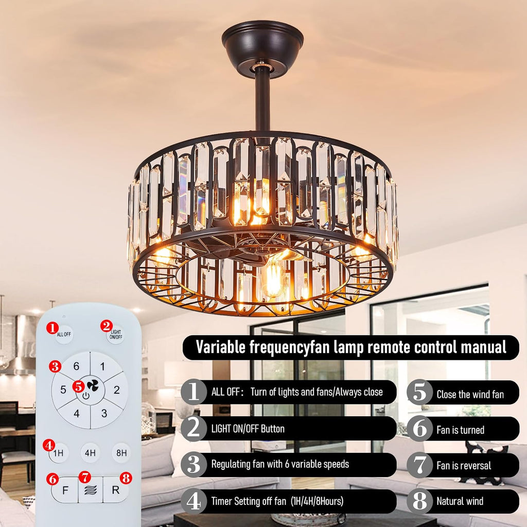 18.2' Modern Crystal Ceiling Fan with Light Black Crystal Fandelier Light Caged Ceiling Fan Light with Remote Reversible Industrial Chandelier Fan for Bedroom Living Room Dining Room Entry foryer