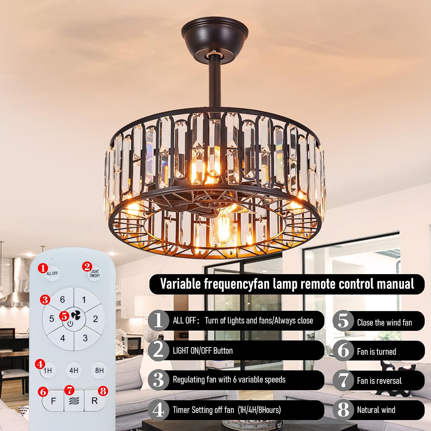 18.2' Modern Crystal Ceiling Fan with Light Black Crystal Fandelier Light Caged Ceiling Fan Light with Remote Reversible Industrial Chandelier Fan for Bedroom Living Room Dining Room Entry foryer