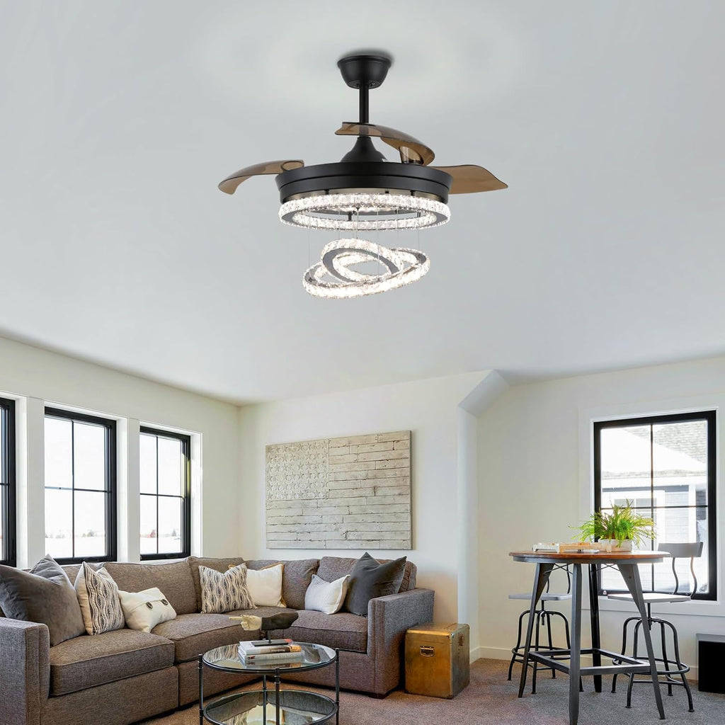42' Black Crystal Ceiling Fan with Light, Dimmable LED Fandelier with Retractable Invisible Blades, Quiet Reversible DC Motor, 3 Color Lighting, Flush Mount for Bedroom, Living Room, Dining Room