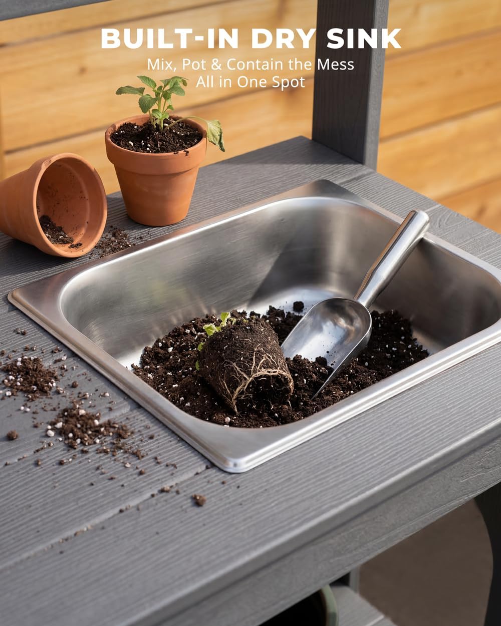 Outdoor Potting Bench Table with Removable Sink, Heavy Duty, Gray | All-weather HIPS, sleek gray finish, fold-out 51.8 in worktop, 7 tool hooks, storage shelves, 240 lb load, no rot or sealing