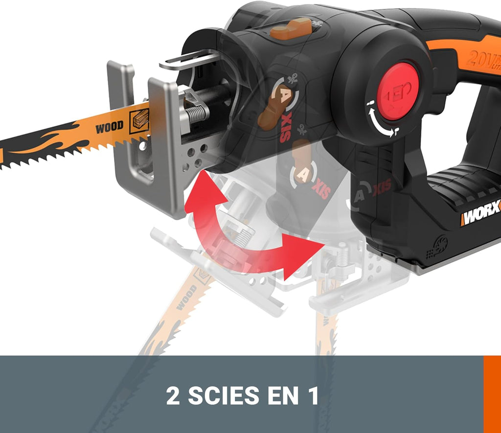 WORX 20V WX550 Cordless Jigsaw and Sabre Saw, 20 mm Stroke, Up to 127 mm, Multifunction, Wood Cutting, Aluminum, Steel, PVC, Pendulum Function, with 1 x 2Ah Battery and Fast Charger
