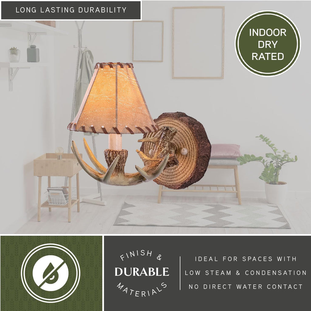VAXCEL 2-Pack Lodge 1 Light Rustic Wood Antler Armed Wall Sconce Faux Leather Shade