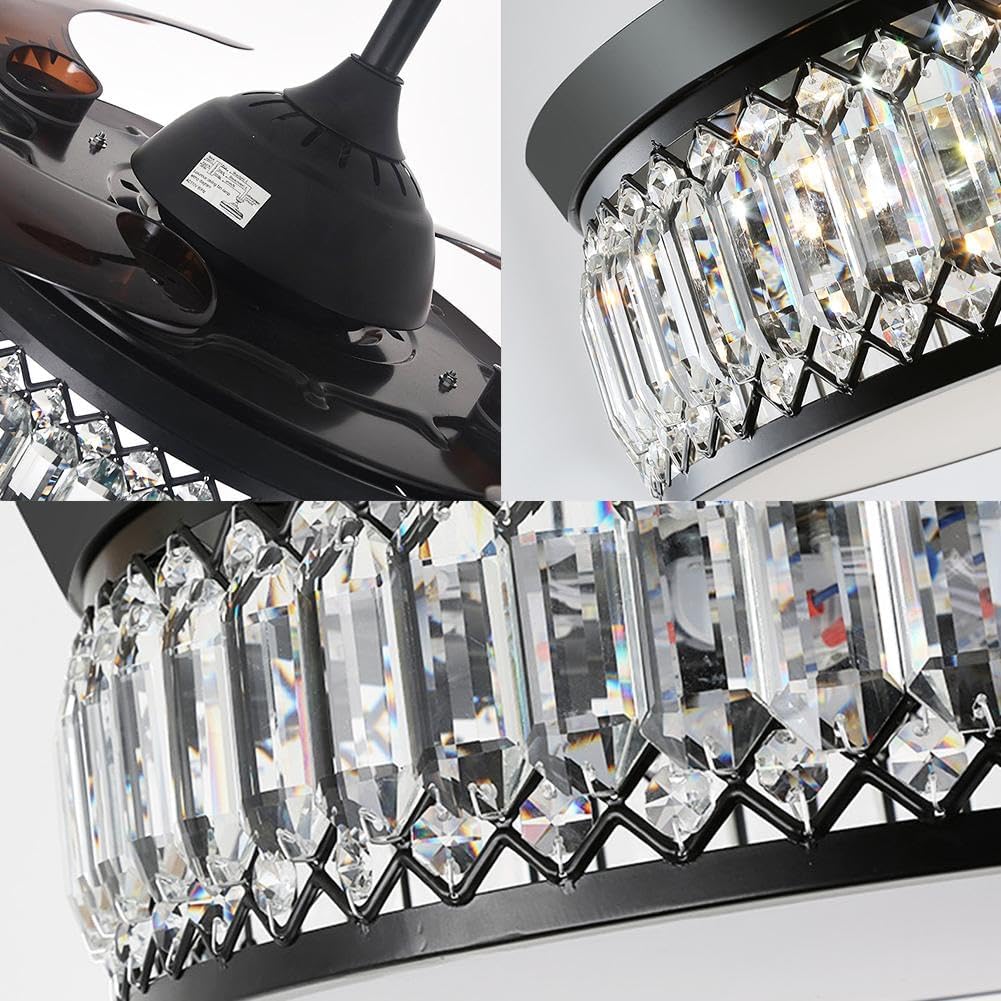 42' Crystal Ceiling Fan Fandelier with Lights and Remote Control Modern Chandelier Ceiling Fan with Reversible Blades 6 Speed, 3 Timing for Dining Room Living Room Bedroom,Black