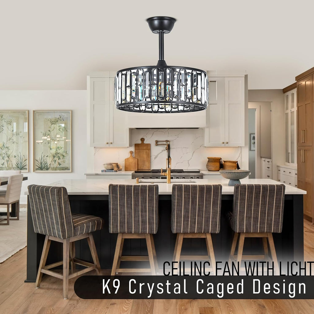 18.2' Modern Crystal Ceiling Fan with Light Black Crystal Fandelier Light Caged Ceiling Fan Light with Remote Reversible Industrial Chandelier Fan for Bedroom Living Room Dining Room Entry foryer
