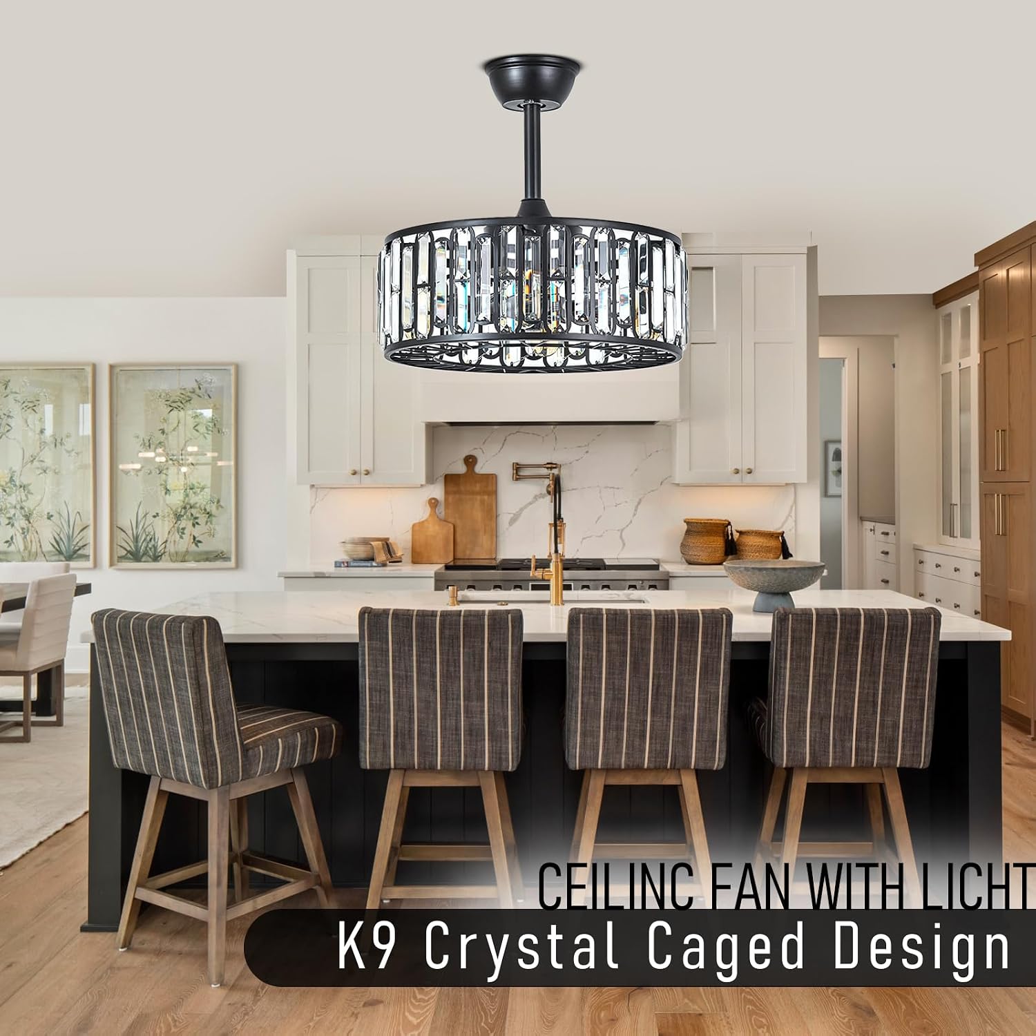 18.2' Modern Crystal Ceiling Fan with Light Black Crystal Fandelier Light Caged Ceiling Fan Light with Remote Reversible Industrial Chandelier Fan for Bedroom Living Room Dining Room Entry foryer