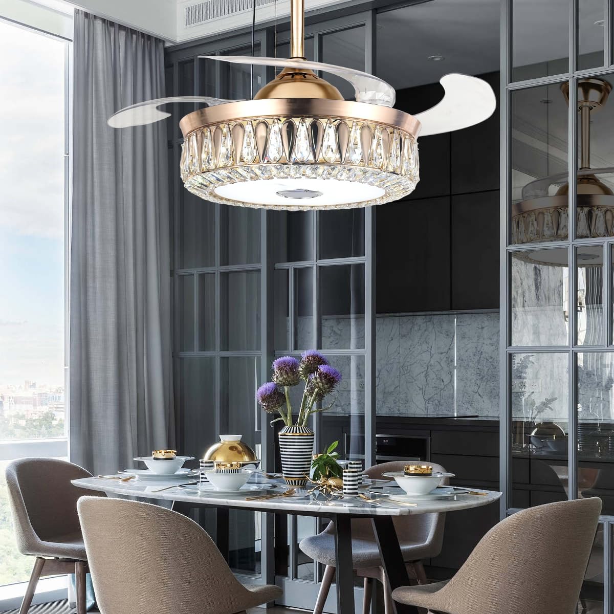 42' Bluetooth Chandelier Ceiling Fans with Lights Modern Retractable Fandelier Ceiling Fan and Remote 7 Color Change Smart Invisible Fan Light with Music Player for Bedrooms Living Room, Gold