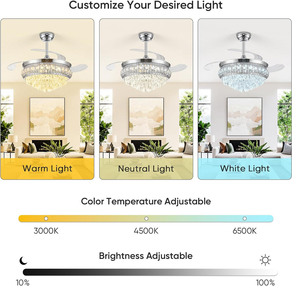 48' Fandelier Ceiling Fan with Light, Crystal Retractable Ceiling Fan with Lights and Remote, Chandelier Fans for Bedroom Living Room, Reversible DC Motor, Dimmable, 6 Speeds - Chrome