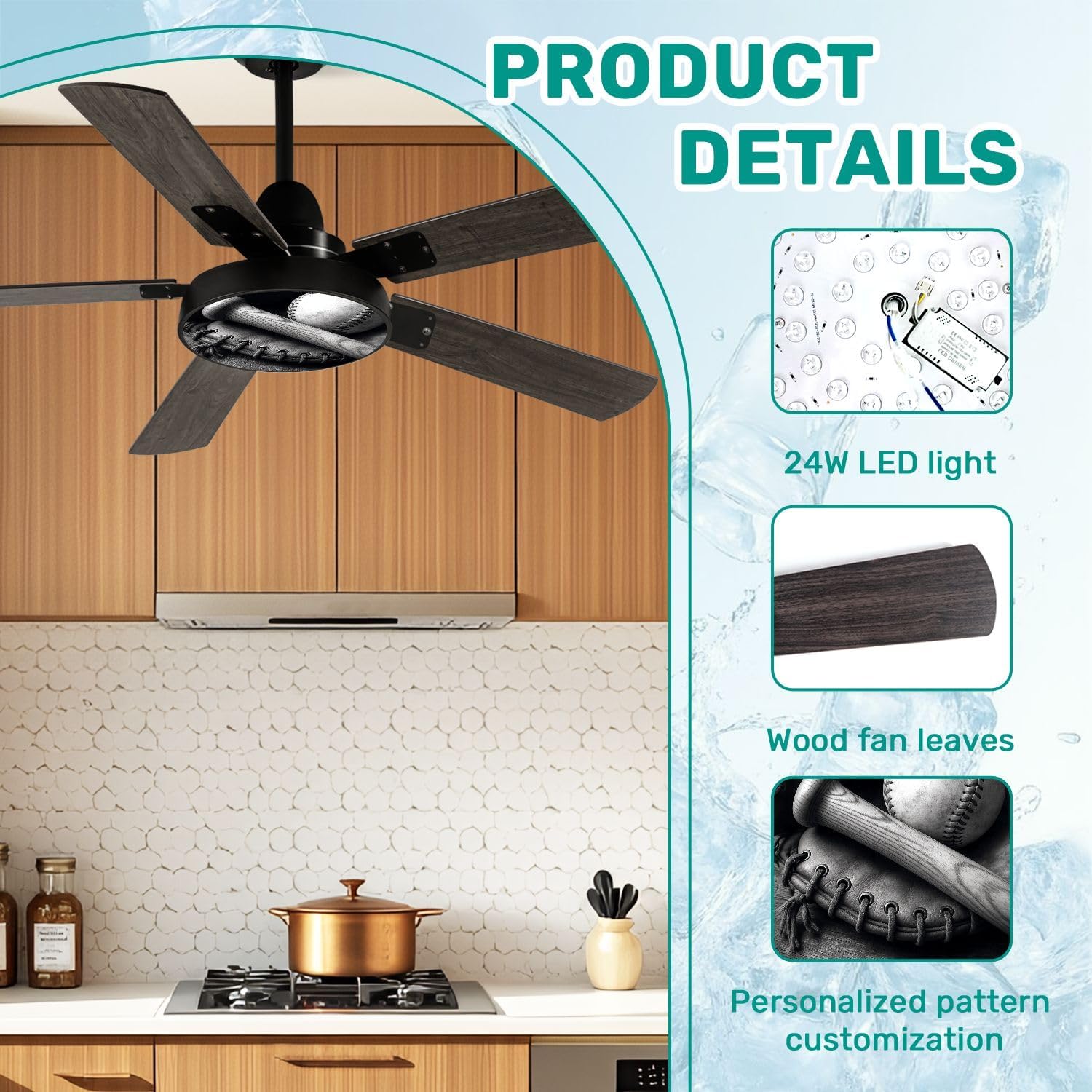 Modern Ceiling Fans with Lights Remote, Old Baseball Bat 42 Inch Ceiling Fan for Bedroom Living Room Farmhouse, 6 Speed Reversible Quiet Motor