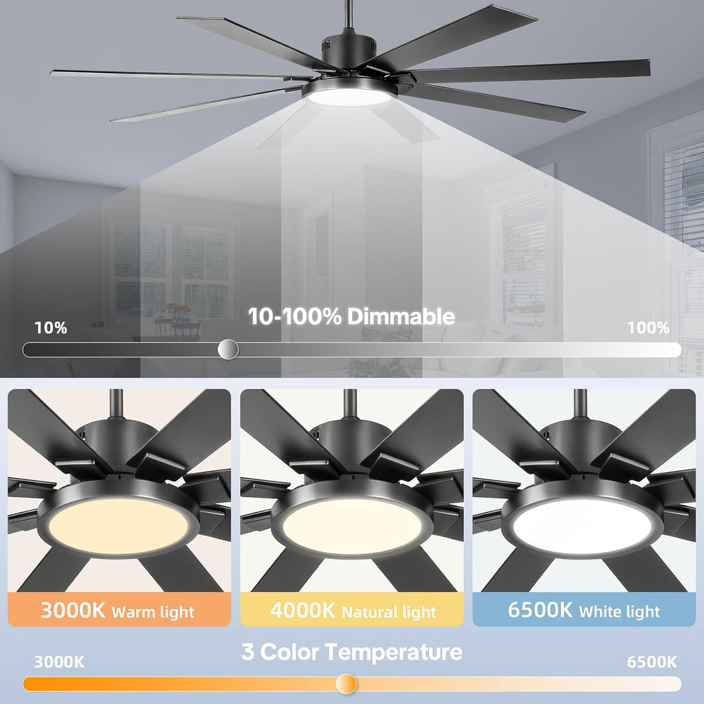 Large Ceiling Fans with Lights, Modern 72 Inch 8 Blade Outdoor Ceiling Fan with Remote APP Control - Dimmable Black Big Fan light Indoor Reversible 6 Speed Quiet DC Motor