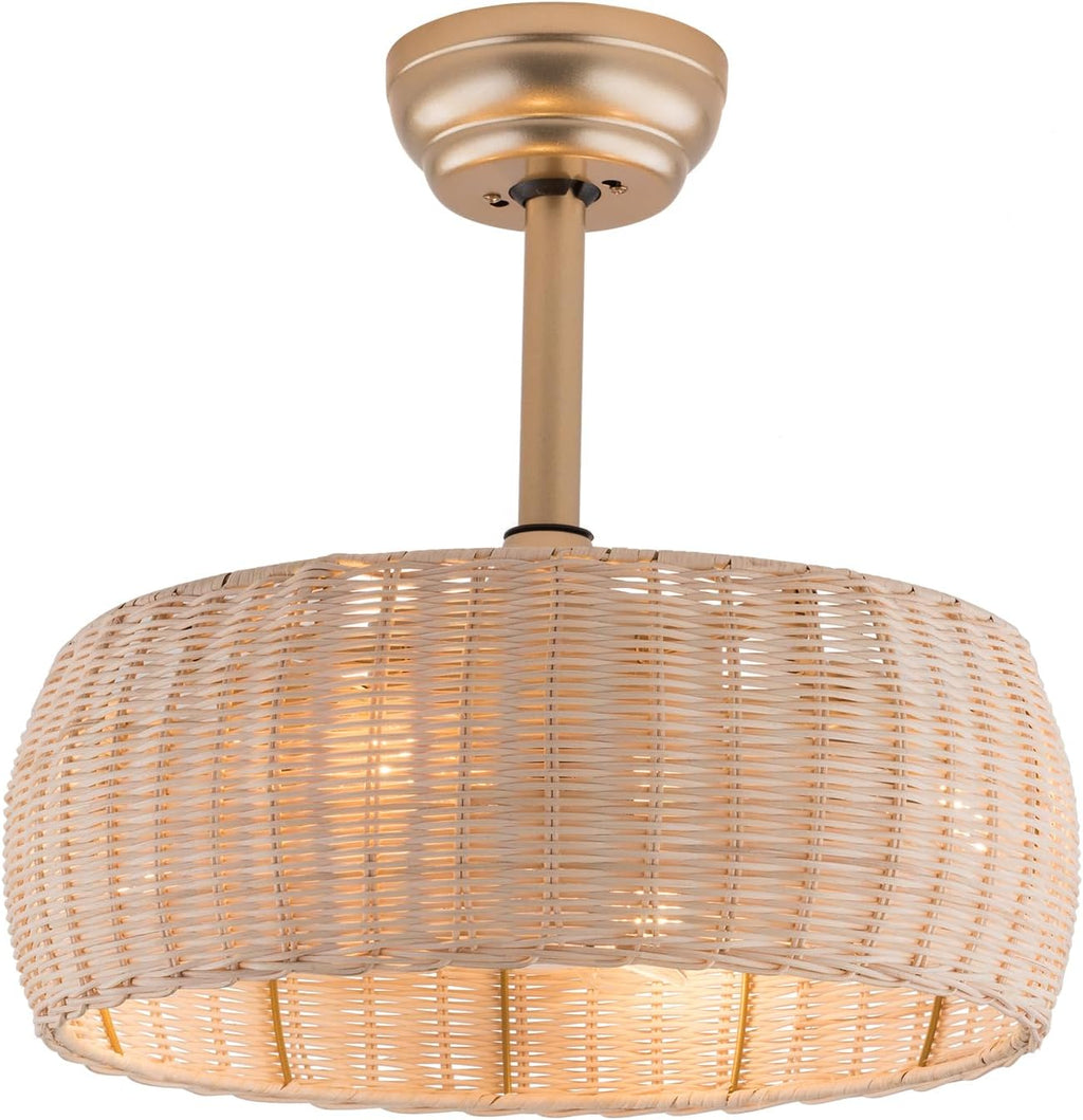 LOYALHEARTDY Rattan Caged Fandelier with Lights - 18in Bamboo, 6-Speed Reversible, Remote Control - Boho Woven Wicker Ceiling Fan