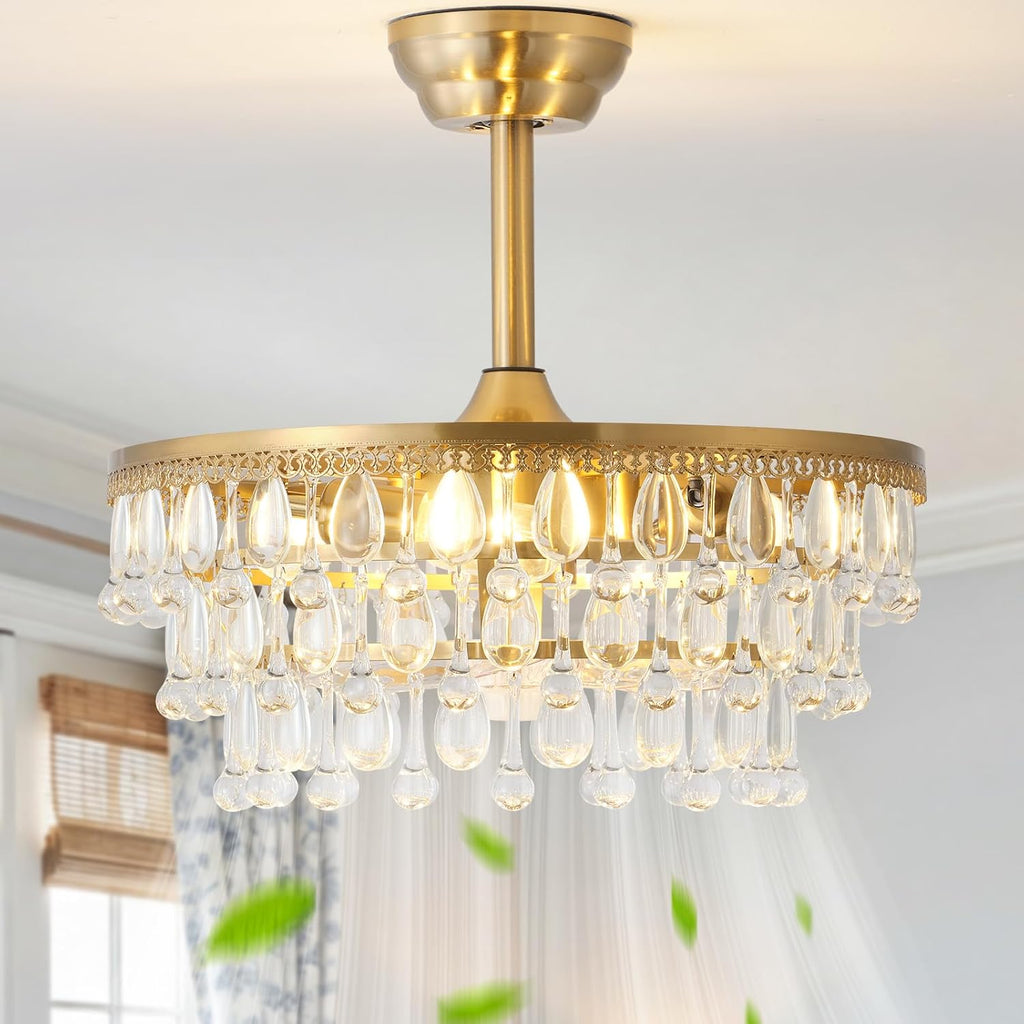 Gold Crystal Fandelier Ceiling Fan with Light, 20' Crystal Chandelier Ceiling Fans with Lights and Remote with 6 Speeds for Bedroom, Living Room, Nursery
