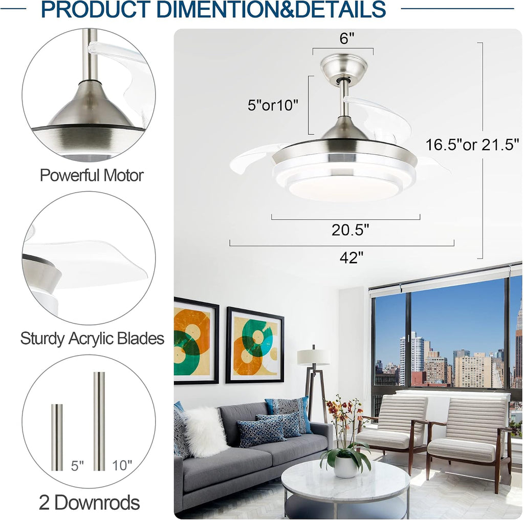 Dawn Whisper 42' Modern Retractable Ceiling Fan with Dimmable LED Light and Remote Control for Living Room Bedroom Restaurant, Silver Brushed Nickel
