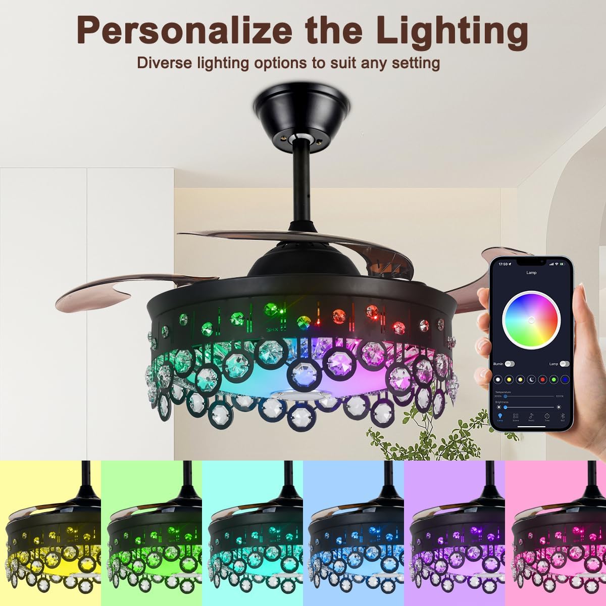 42 Inch Retractable Fandelier Ceiling Fan with Light Bluetooth Speaker, Modern Crystal Chandelier Fan with Remote 7 Color Change Black Smart Invisible Fan Light for Bedrooms Living Room