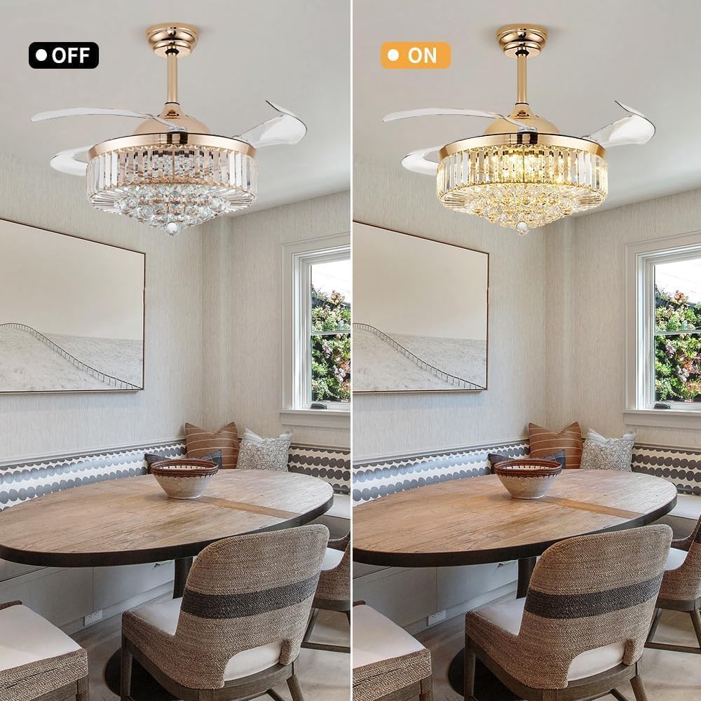 48 Inch Fandelier Ceiling Fan with Light, Chandelier Ceiling Fan for Bedroom Living Room, LED Dimmable, 6-Speed Reversible Motor, Timer & Memory Function-Gold