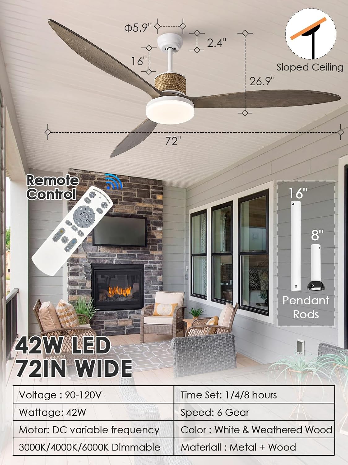 72in Large Boho White Ceiling Fan Lights with Remote Control 42W LED Coastal Ceiling Fan with Lights 3 Blade Weathered Wood Ceiling Fans Outdoor Farmhouse for Patio Living Room Kitchen