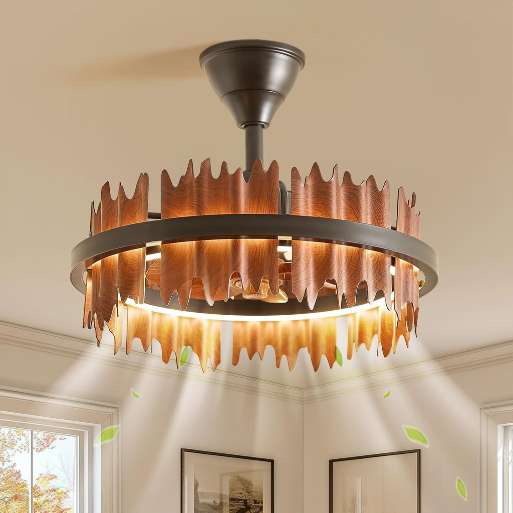 19.7' Rustic Caged Ceiling Fan with Light, Farmhouse Wood Fandelier Ceiling Fan, 6 Speed and Reversible, Dimmable LED Chandelier Fan with Charred Leaves for Bedroom, Kitchen, Living Room
