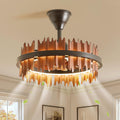 19.7' Rustic Caged Ceiling Fan with Light, Farmhouse Wood Fandelier Ceiling Fan, 6 Speed and Reversible, Dimmable LED Chandelier Fan with Charred Leaves for Bedroom, Kitchen, Living Room