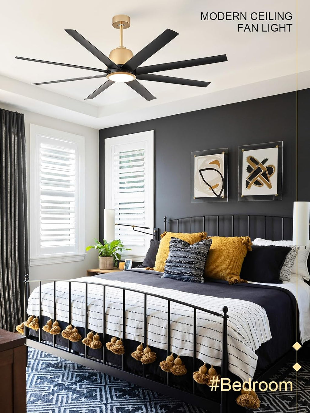 65in Black & Gold Ceiling Fan with Lights 8-Blade Outdoor Ceiling Fan for Patio Ceiling Fan Light with Remote Control, Reversible Airflow Ceiling Fan for Garage Master Bedroom