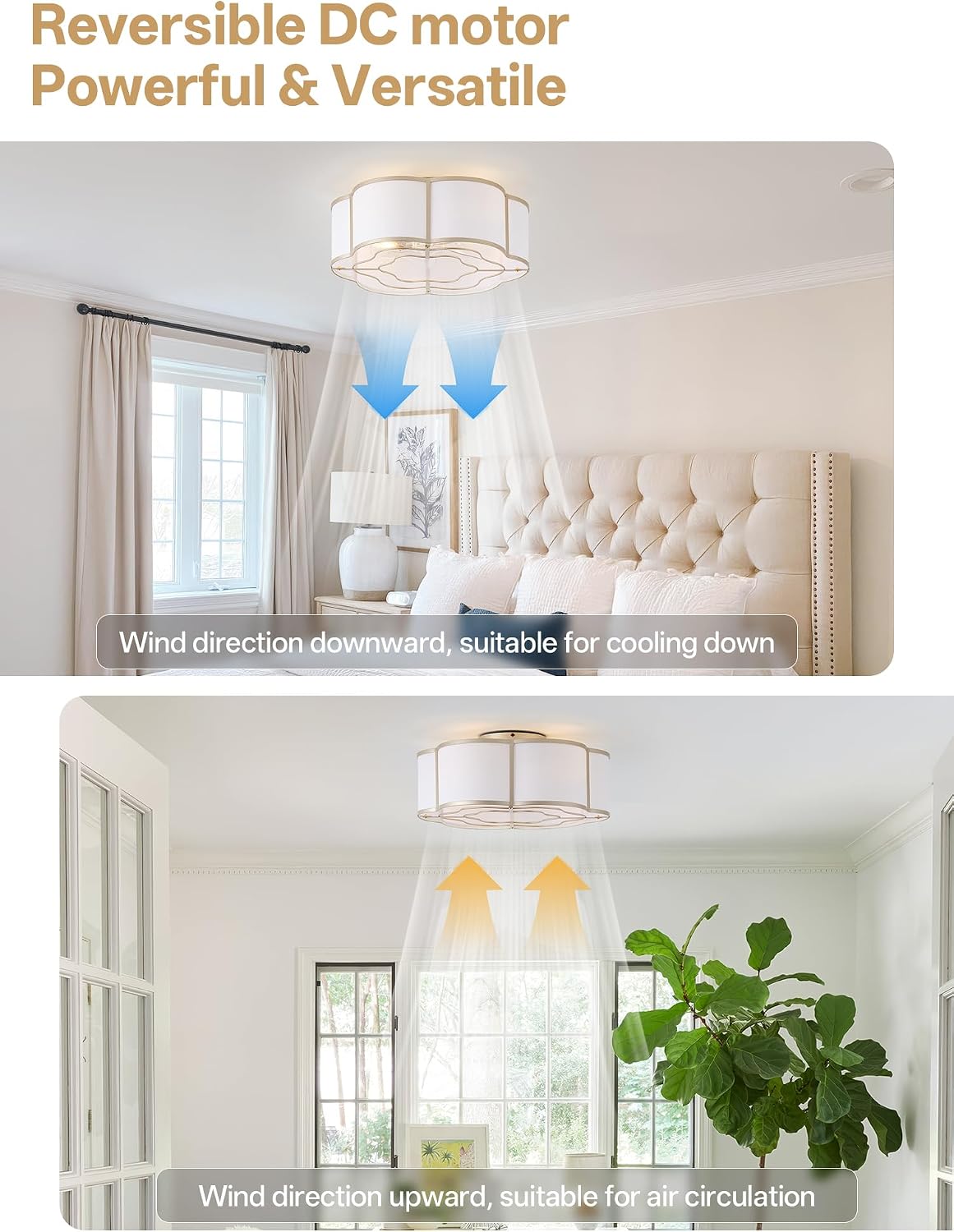 20' Boho Ceiling Fan with Lights Flush Mount, Gold Enclosed Ceiling Fans with Lights Remote Control, Caged with 6 Speeds for Bedroom, Living Room, Nursery