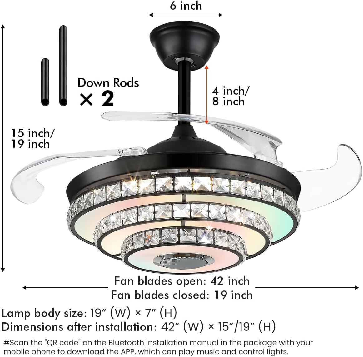 42''Black Modern Crystal Ceiling Fan with Light, 3 Speeds Changes 7 Colors Dimmable Fandelier Bluetooth Speaker Music Ceiling Fans Modern 2 Layers Crystal Light Fixture for Bedroom,Living Room